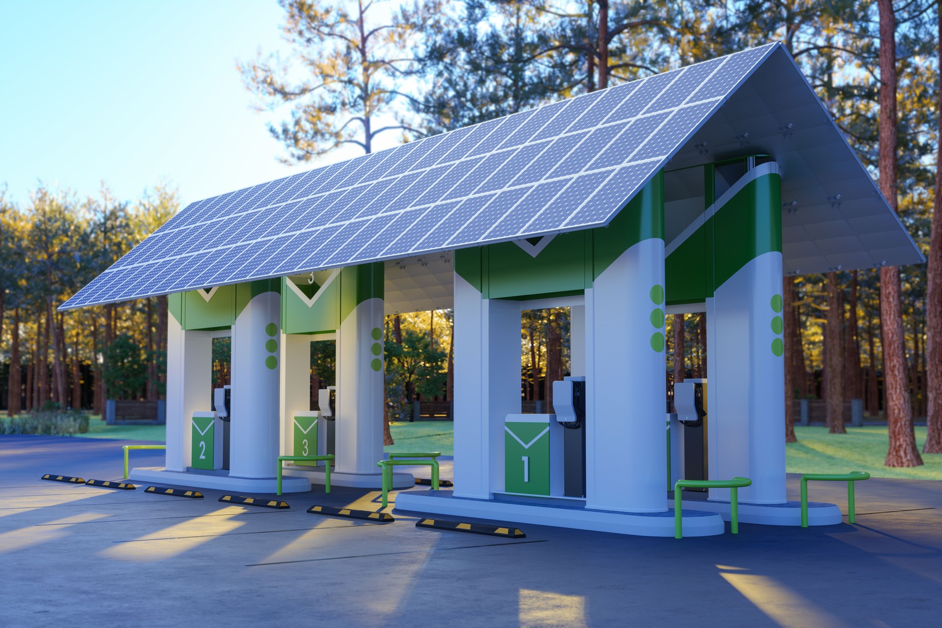 Electric Car Charging Station With Solar Panels And Electric Chargers